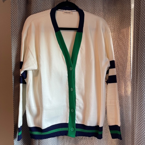 NWOT Oneleven Loose Striped Contrast Color Knitted Cardigan, Size Large - Picture 1 of 5